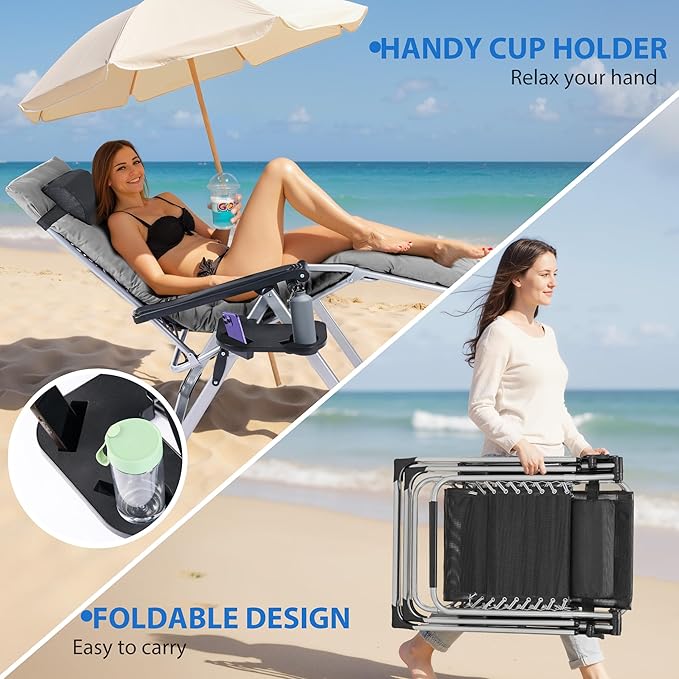 NEWBULIG Zero Gravity Chair, Folding Outdoor Patio Recliner, Reclining Camping Lounge Chair with Cup Holder Trays and Removable Cushion for Indoor Outdoor Beach