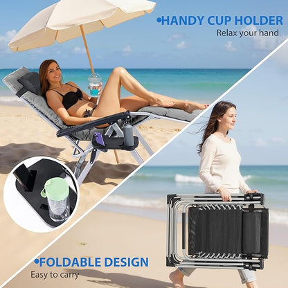 NEWBULIG Zero Gravity Chair, Folding Outdoor Patio Recliner, Reclining Camping Lounge Chair with Cup Holder Trays and Removable Cushion for Indoor Outdoor Beach