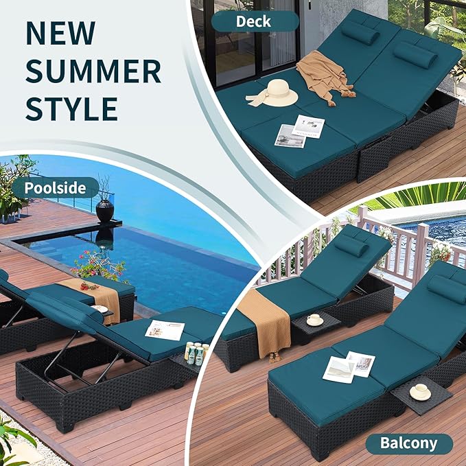 WAROOM Outdoor Chaise Lounge Chairs for Outside Patio Furniture Set of 2 Wicker Recliner Black Rattan Sunbathing - Photo 6