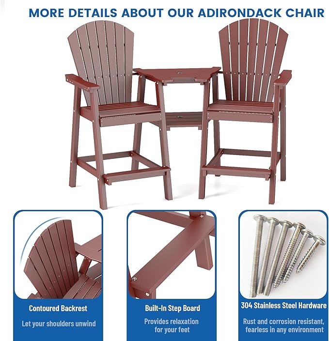 FOOWIN Tall Adirondack Chair Set of 8, All Weather HDPE Bar Height Adirondack Chair with Double Connecting Trays, Adirondack Barstools for Balcony, Deck, Backyard, Patio, Garden Brown