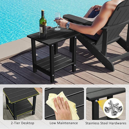 Adirondack Outdoor Side Table, 16.6" Small Patio End Table, 2-Tier HDPE Plastic Table for Poolside Porch Garden, Weather Resistant & Easy Assembly (Black, Rectangle)