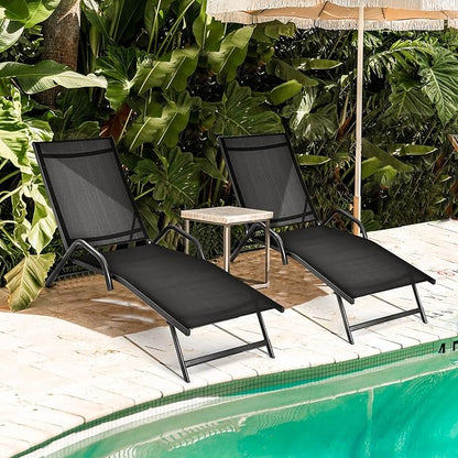 Giantex Lounge Chairs for Outside - Set of 2 Outdoor Chaise Lounge with 5 Adjustable Position, Steel Frame, Patio Loungers, Camping Reclining Chair for Garden, Poolside, Yard Sunbathing Chairs, Black