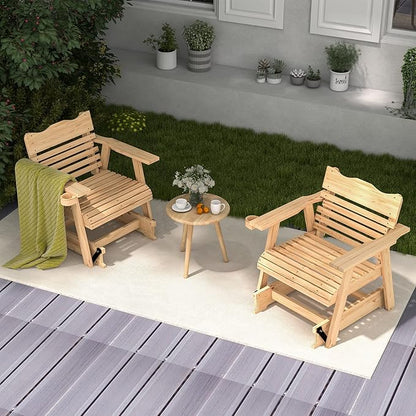Outdoor Rocking Chair, Patio Glider Chair with Ergonomic Curved Seat & Wide Armrest, Indoor Fir Wood Rocker with Hidden Cup Holder for Patio Balcony Backyard Porch Poolside, Natural