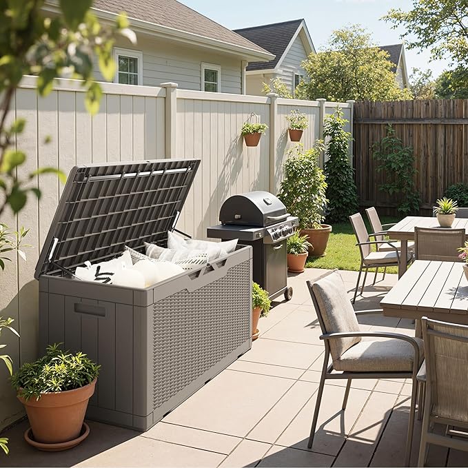 Greesum 100 Gallon Resin Deck Box Large Outdoor Storage Boxes with Cushions for Garden Tools, Patio Furniture Pillows - Photo 2