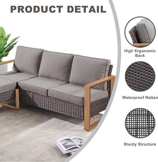 Rilyson Outdoor Wicker Patio Furniture Set - 6 Piece Patio Conversation Set with 2 Wicker Armrest Chairs,2 Rattan Ottoman,1 Side Table and 1 Couch,Sturdy Frame,Thick Cushions,Deep Seating(Brown/Grey)