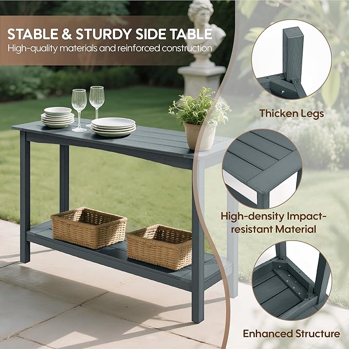 Weatherproof HIPS Outdoor Console Table, 48'' 2-Shelf Side Table Indoor/Outdoor Use, Multifunctional Buffet Table Bar Storage Organizer for Entryway, Patio, Outside Plant Stand Table, Grey