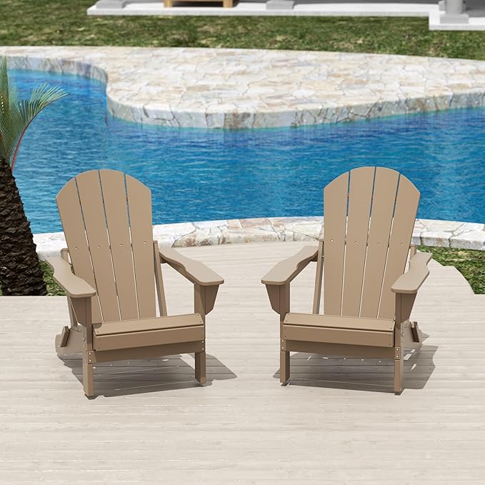 Costaelm Folding Patio Chairs Set of 2, Hdpe Adirondack Chairs Front Porch Furniture Outdoor Seating, All Weather Tanning Chair for Backyard Firepit Garden Lawn, Weathered Wood