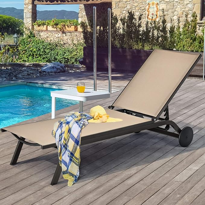 Giantex Lounge Chairs for Outside Patio Chaise Lounges Aluminum Recliner W/Adjustable 6 Backrest Positions and Wheels - Photo 8