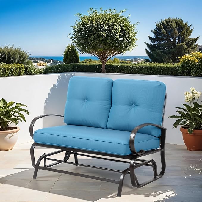 Shintenchi Metal Outdoor Patio Swing Glider Bench, Loveseat Rocking Chair, Wrought Iron Patio Furniture Steel Frame Glider Chair with Cushion for Porch, Balcony, Garden(Ocean Blue)