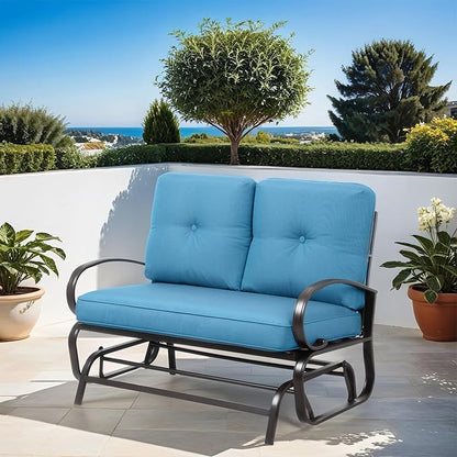 Shintenchi Metal Outdoor Patio Swing Glider Bench, Loveseat Rocking Chair, Wrought Iron Patio Furniture Steel Frame Glider Chair with Cushion for Porch, Balcony, Garden(Ocean Blue)