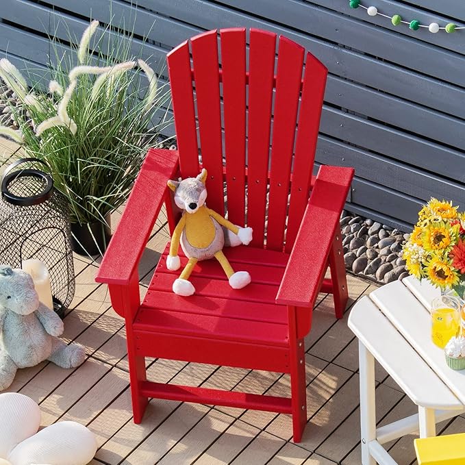 Giantex Adirondack Chair, Kids HDPE Patio Lawn Chair with Ergonomic Backrest for Deck, Porch, Backyard, Poolside, Indoor, Weather Resistance Toddler Outdoor Chair (1, Red)