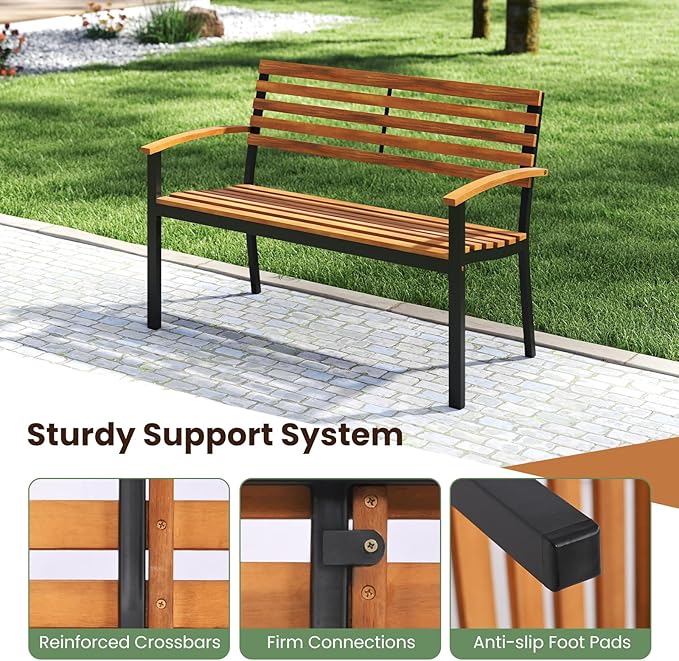Tangkula 43" Outdoor Garden Bench, 2-Person Acacia Wood Bench with Heavy-Duty Metal Frame, Slatted Seat & Curved Armrests, 800 lbs Weight Capacity, Patio Bench for Porch, Yard, Balcony, Lawn