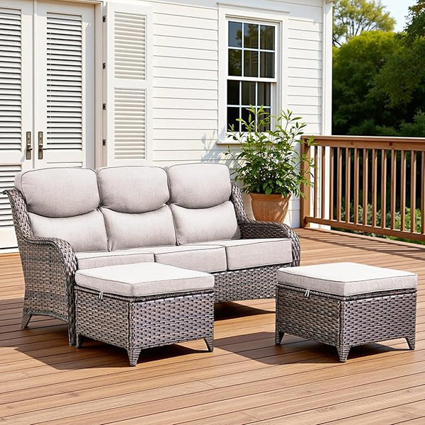 3 Pieces Patio Sofa Set with 6" Thick Cushions, High Back Wicker Sectional Outdoor Sofa with Ottomans - Photo 1