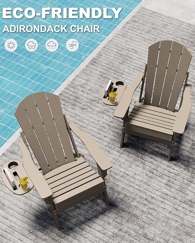Adjustable Adirondack Chair Set of 4 with Cup Holder, All Weather HDPE Fire Pit Chairs for Deck, Backyard, Patio, Brown