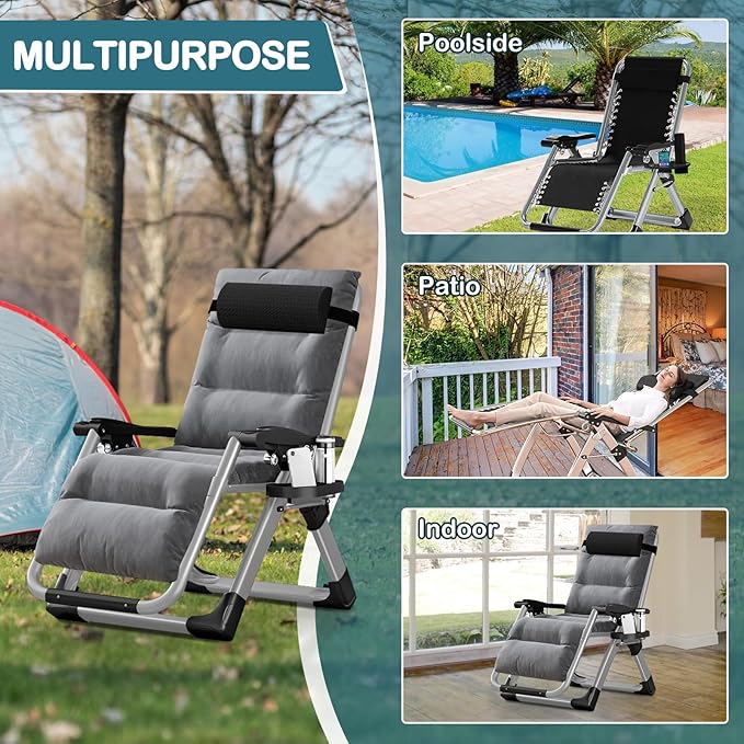 NAIZEA Padded Zero Gravity Chair, Folding Outdoor Lounge Chairs, Adjustable Reclining Camping Chairs with Cup Holder - Photo 3