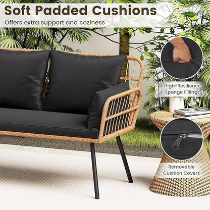 HAPPYGRILL Patio Loveseat Sofa Rattan Wicker 2-Seater Couch with Cushions & Lumbar Pillows, Metal Legs, Outdoor Furniture for Balcony, Porch, Deck (Black)