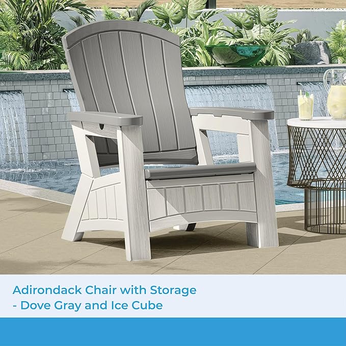Suncast Outdoor Patio Adirondack Chair with 8 Gallons of Under-Seat Storage, Stylish Faux Wood Outdoor Storage Chair, Dove Gray/Ice Cube, Made in The USA