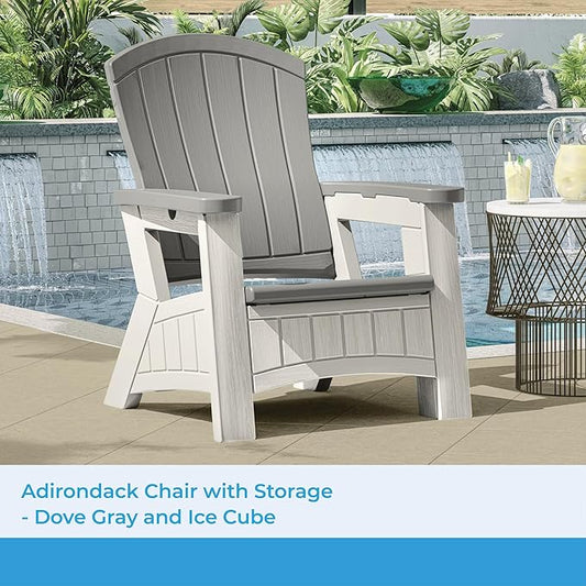 Suncast Outdoor Patio Adirondack Chair with 8 Gallons of Under-Seat Storage, Stylish Faux Wood Outdoor Storage Chair, Dove Gray/Ice Cube, Made in The USA