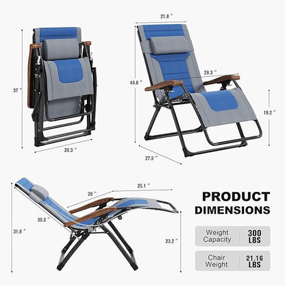 PURPLE LEAF Oversized Outdoor Reclining Chair Patio Zero Gravity Chaise Lounge Folding Chair with Quilted Cushion Adjustable Headrest for Lawn Camping Beach Pool Grey and Navy Blue