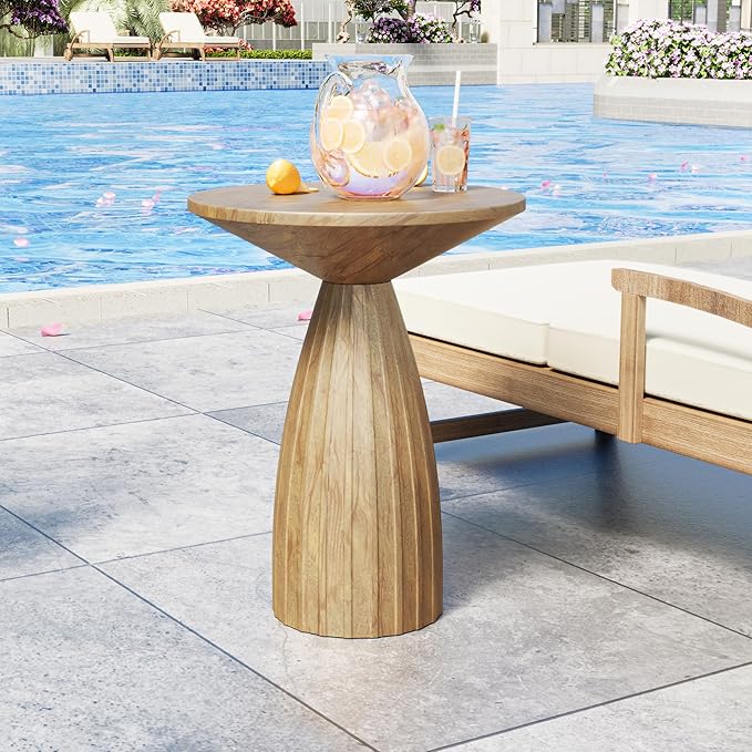 Metal Small Patio Table Set of 2, Round Outdoor Side Table, Wood Color Outdoor Accent Patio End Table, for Garden, Pool, Deck, Balcony, Yard, Living Room, Weather Resistant, No Assembly