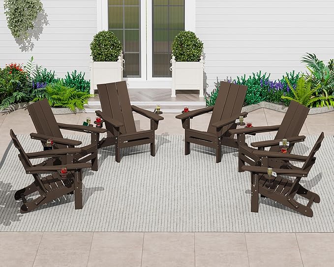 SERWALL Modern Adirondack Chairs, Folding Adirondack Chair with Cup Holders, Outdoor HDPE Adirondack Chair for Patio Lawn Garden, Coffee