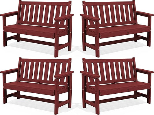 SERWALL Outdoor Bench, HDPE Outdoor Benches Weatherproof, 2-Person Garden Bench with 660 lbs Weight Capacity, Patio Benches for Outdoors, Garden, Porch, Backyard and Park, Red, 4 Pack
