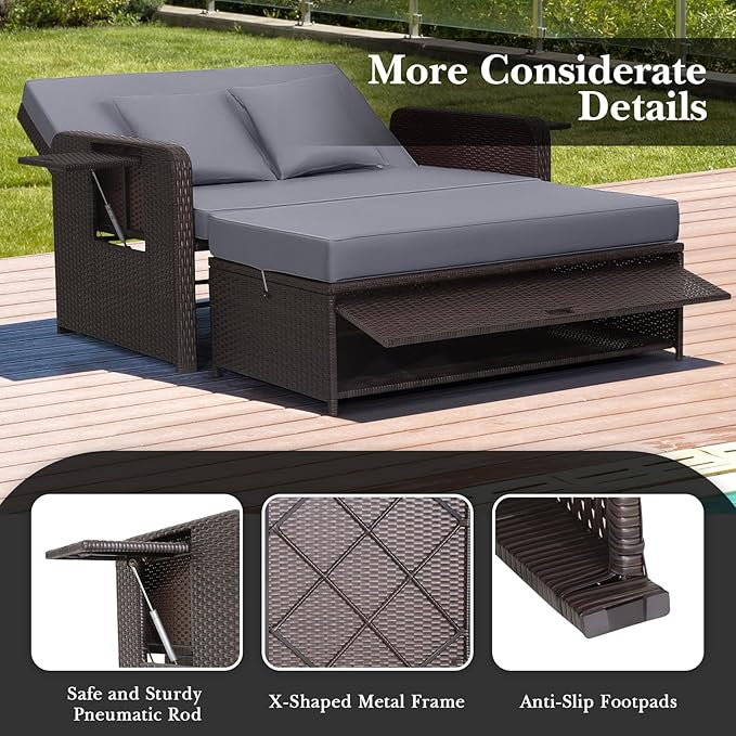LDAILY Moccha Outdoor Daybed, Wicker Loveseat Sofa Set with 4-Postion Adjustable Backrest, Storage Ottoman, Cushions - Photo 3
