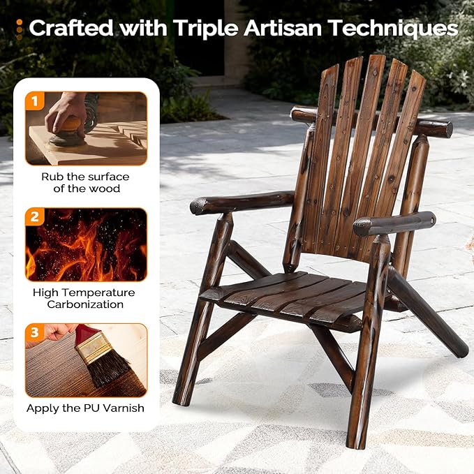 VINGLI Solid Wood Adirondack Chair Outdoor Patio Furniture Fire Pit Chairs, Heavy Duty Backyard Seating Armchair Deck Garden Lawn Patio (Carbonized, 1 PC)