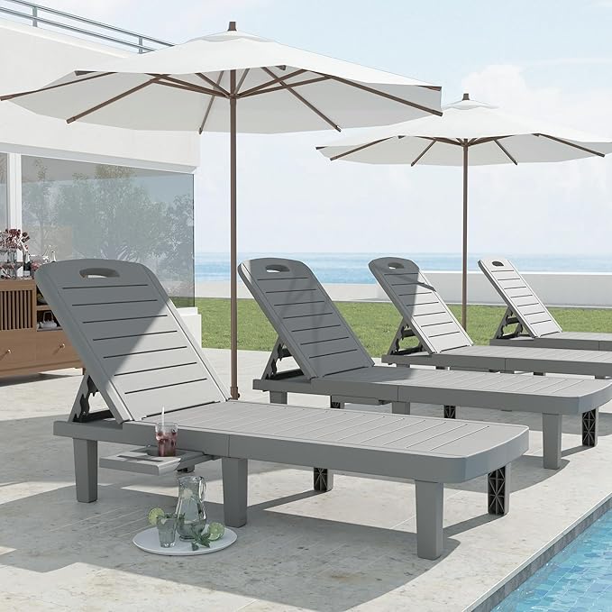 UDPATIO Outdoor Lounge Chairs Set of 2, Resin Adjustable Backrest & Side Table – Oversized Heavy Duty Patio Reclining Lounger Seating for Pool, Beach,Garden,Resin Grey,2 PCS