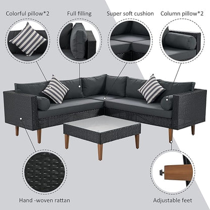 Quarte 4-Piece Outdoor Patio Furniture Set, Wicker L-Shape Corner Sectional Sofa Set with Colorful Pillows and Coffee Table,Conversation Seating Group for Small Places (Black+ Gray/L)