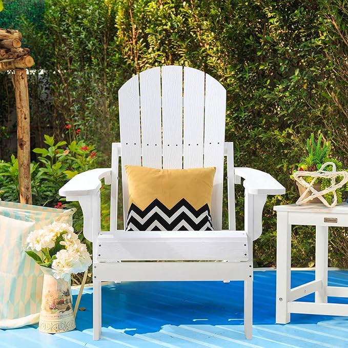 Folding Adirondack Chair, All Weather Resistant Plastic Chair with Cup Holder, Fold or Unfold Easily in 1 Second, Outdoor Chairs for Patio, Garden, Backyard Deck, Lawn Fire Pit(White)
