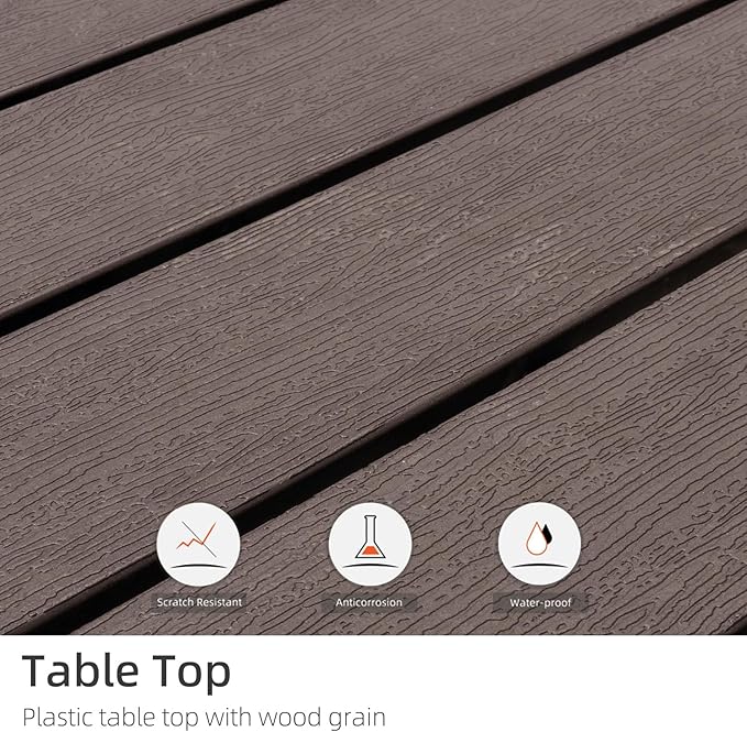 37" Patio Dining Table with Square Plastic Top, Metal Leg and Umbrella Hole for 4 Person Outdoor Furniture - Wood-Like Grain Brown