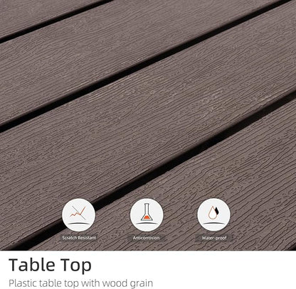 37" Patio Dining Table with Square Plastic Top, Metal Leg and Umbrella Hole for 4 Person Outdoor Furniture - Wood-Like Grain Brown