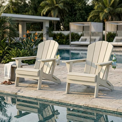 Kingdura Folding Adirondack Chairs Set of 2, Portable HDPE All Weather Resistant Outdoor Patio Chair, Wooden Textured with Cup Holder, 380LBS Capacity for Poolside, Backyard, Fire Pit (White)