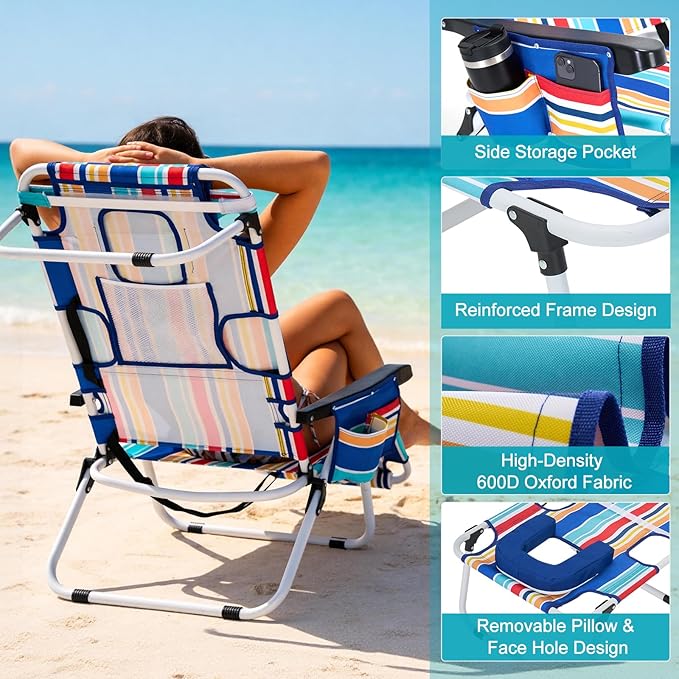MOPHOTO Oversized Beach Lounge Chair, 5-Position Adjustable Tanning Chair with Face Hole, Heavy Duty Folding Chaise Lounge for Beach, Pool, Patio & Sunbathing
