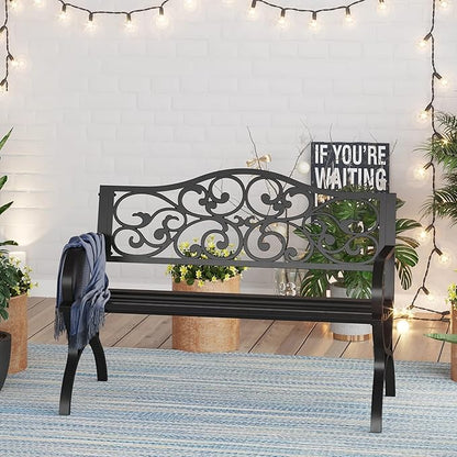 PHI VILLA 50" Patio Park Garden Outdoor Metal Black Bench for Yard Porch