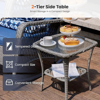 UDPATIO 3 Piece Patio Furniture Set, Wicker Rocking Bistro Set with 2 Rockers, 1 Side Table and 4‘’ Thick Cushions for Backyard, Porch, Balcony, Poolside, Grey/Blue