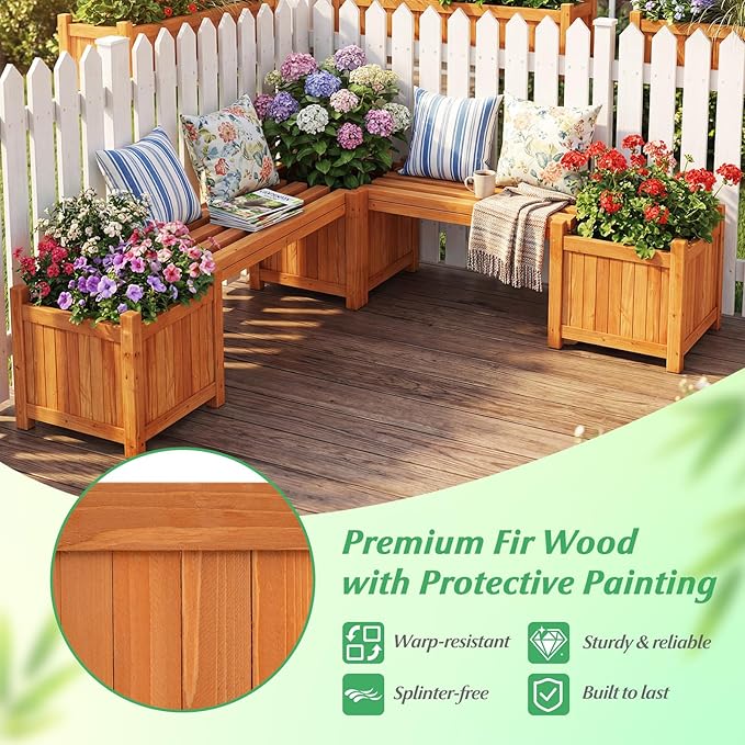 HAPPYGRILL Outdoor Bench with 2 Raised Garden Beds, 2-in-1 Outdoor Planter Box with Open-Ended Base, Wooden Garden Bench for Flowerpots, Indoor Patio Yard Porch Decoration (1)