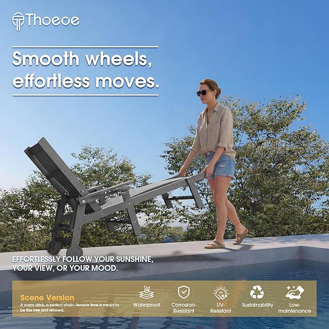 THOEOE Patio Chaise Lounge Chair, Oversized Lounge Chair Outdoor with 5 Positions, HDPE, Patio Lounge Chair with Wheels & Cup Holder for Pool, Deck, Poolside,Grey