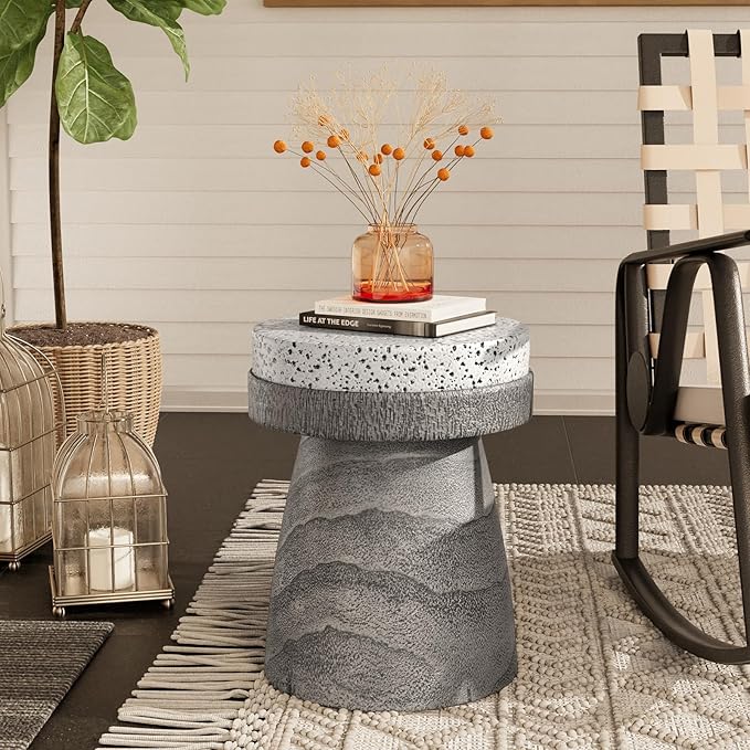 COSIEST Outdoor Side Table w Spotted Tabletop, Concrete Side Table, Round Patio Side Table Stool, Lightweight Outdoor Accent Table w Colored Faux Wood, Cylinder Plant Stand for Garden and Deck, Grey