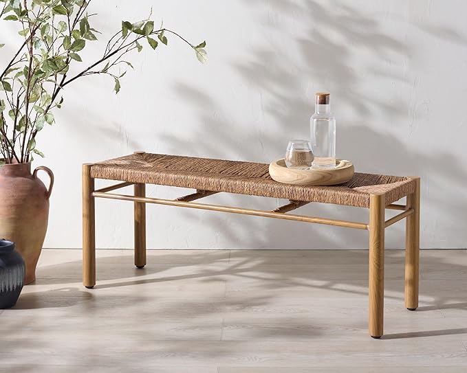 SAFAVIEH Couture Outdoor Patio Furniture Collection - Romona Tropical Bench, Natural Brown Rectangular with Woven Seat, Fully Assembled (CPT4002A)