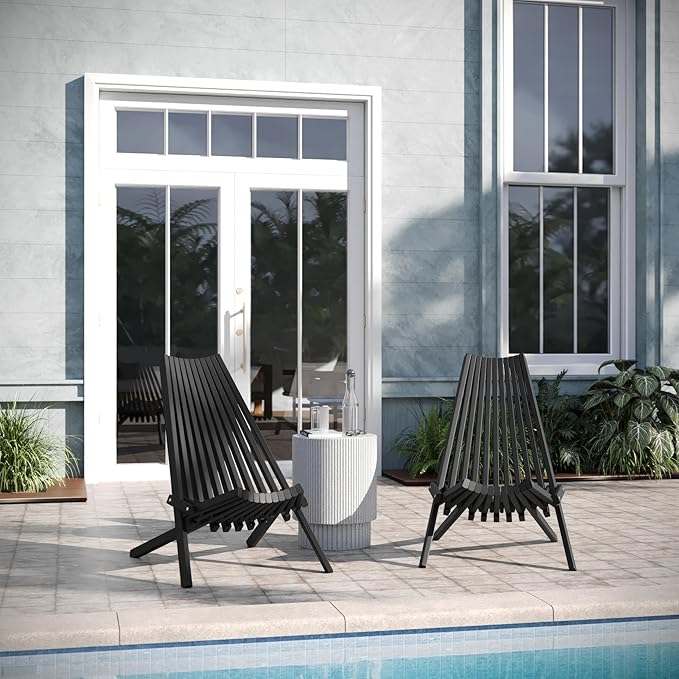 EMMA + OLIVER Durham Folding Chair for Indoor/Outdoor Use, Weather-Resistant Acacia Wood Construction, Low Profile Lounge Chair, Perfect for Sunroom/Patio, Black