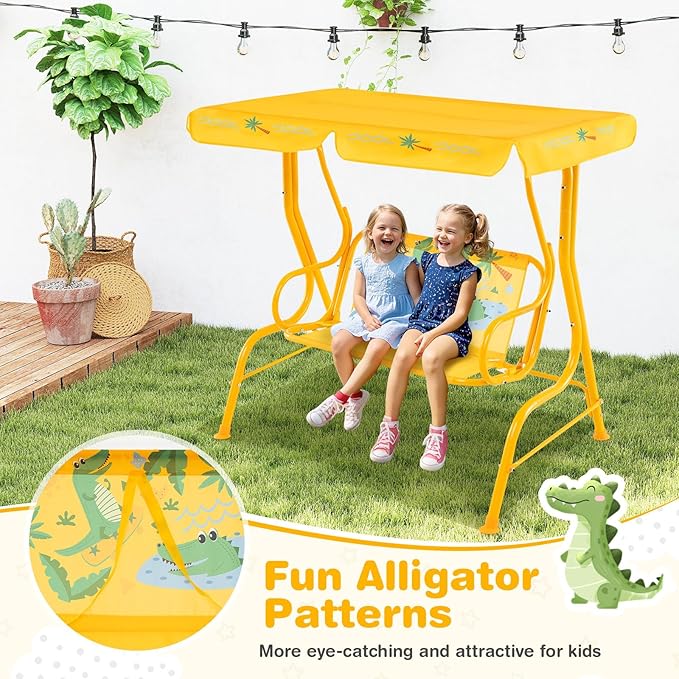 Costzon Kids Porch Swing, All-Weather Patio Swing Bench Hammock w/Adjustable Canopy & Safety Belts for 2 Children - Photo 4