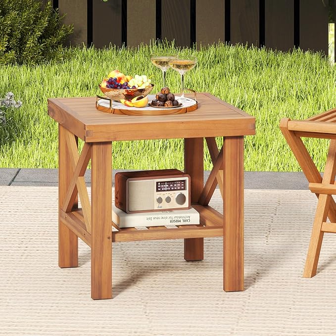 Tangkula Outdoor Side Table, 2-Tier Acacia Wood Adirondack Bistro Small Square Patio Table with Slatted Tabletop & - Photo 2