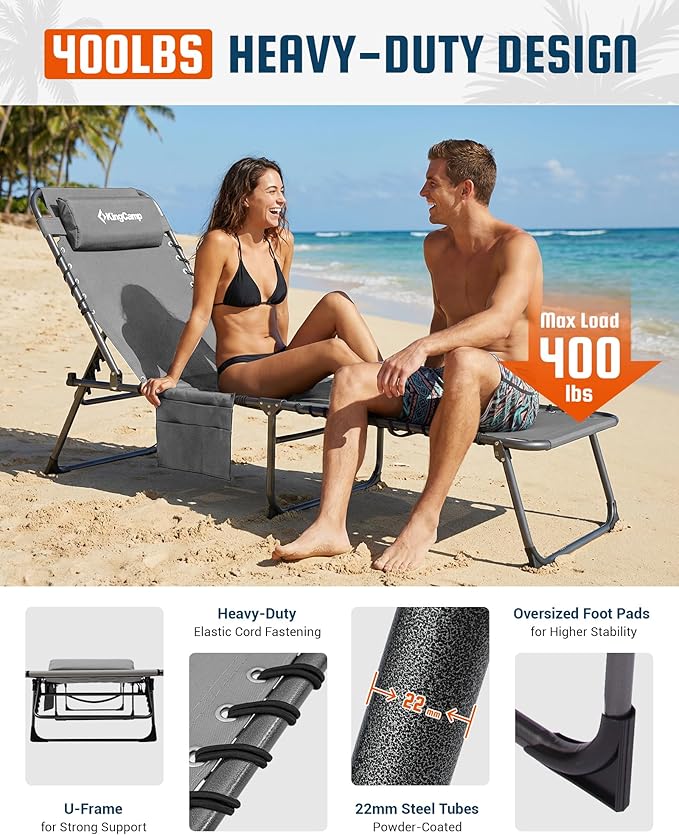 KingCamp Lounge Chair Outdoor,400LBS Tanning Chairs for Outside,Adjustable 5-Position Patio Lounge Chair Sunbathing Chase Lounge Chair Outdoor for Outside Beach Patio Sun Bathing Pool Backyard