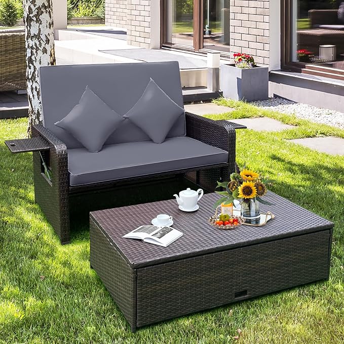 COSTWAY Patio Rattan Daybed with Cushions, Outdoor Wicker Loveseat Sofa with Storage Ottoman - Photo 2
