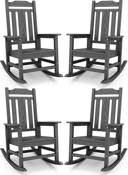 SERWALL Gray Outdoor Rocking Chair Set of 4, All Weather Patio Rocking Chair, HDPE Poly Rocking Chair for Adults, Heavy Duty Front Porch Rocker