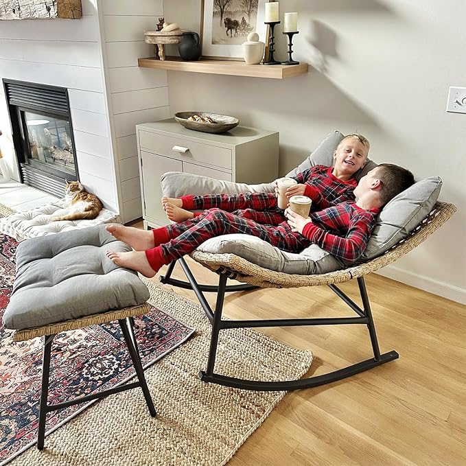 PHI VILLA Outdoor Rocking Chair with Footstool, Modern Wicker Papasan Egg Chair with Thick Comfy Cushion - Photo 2