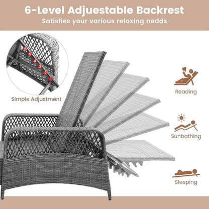 COSTWAY PE Rattan Chaise Lounge Chair, 6 Gear Adjustable Recliner with Armrest & Pillow, Wicker Outdoor Furniture for Deck, Patio (1, Dark Gray)