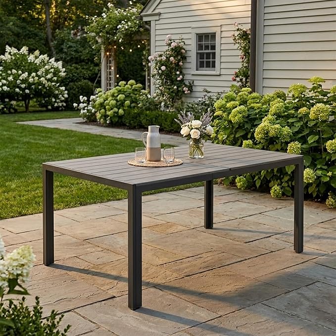 Kozyard Outdoor Patio Dining Table for 6, Rectangular 35.6" x 58.9" Metal Table with Wood-Look Tabletop, Weather-Resistant Frame for Backyard, Porch, Deck, Garden, Brown